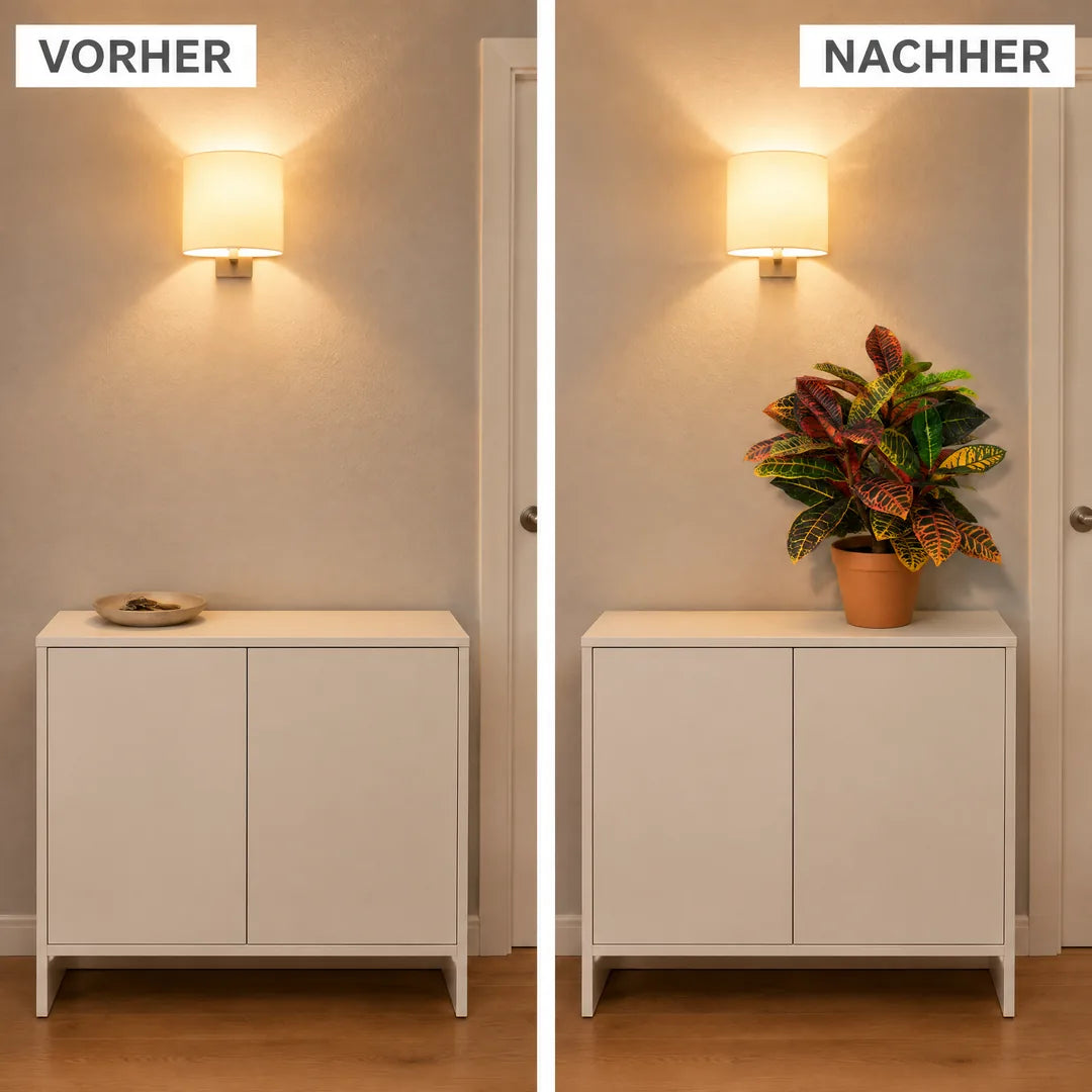 Flur-Sideboard vorher leer und nachher mit künstlichem Kroton