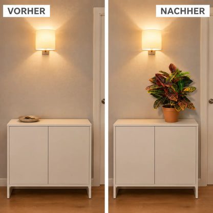 Flur-Sideboard vorher leer und nachher mit künstlichem Kroton