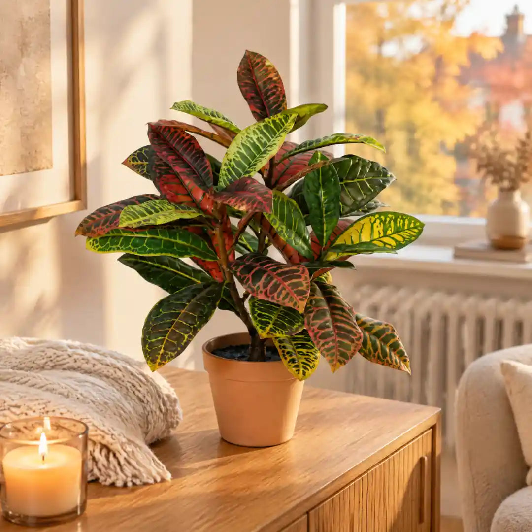 Künstlicher Kroton auf einem Sideboard im herbstlichen Wohnzimmer ohne abgefallene Blätter