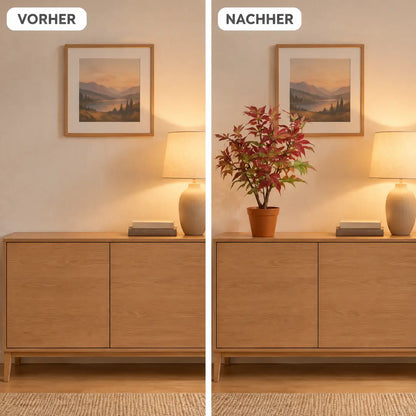 Vorher und nachher: Sideboard ohne und mit rotem Kunst-Ahorn