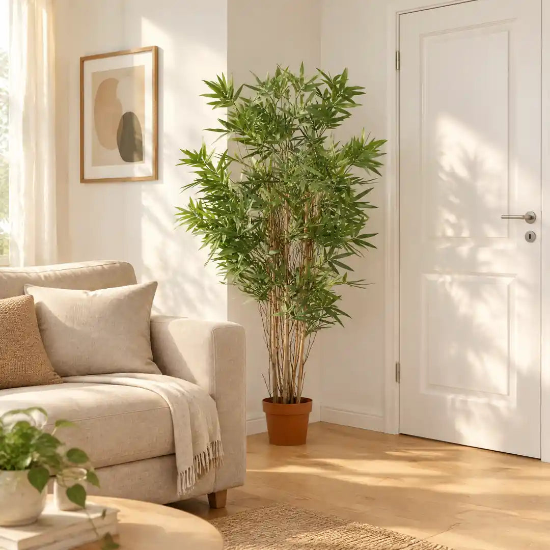 Künstlicher Bambus 144 cm in der Wohnzimmerecke neben dem Sofa