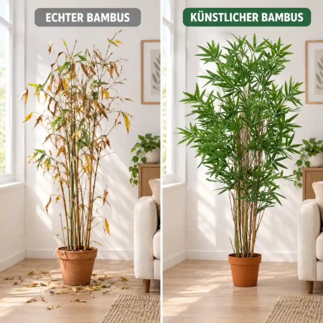 Vergleich echter Bambus mit gelben Blättern und künstlicher Bambus