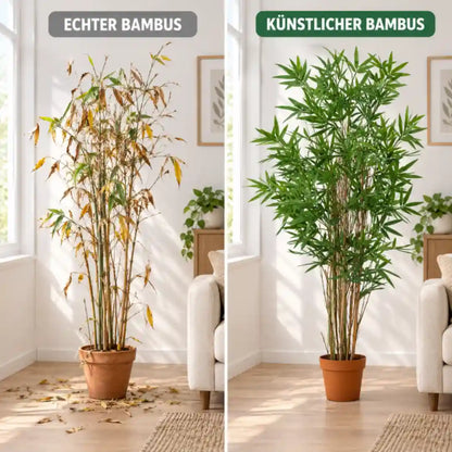 Vergleich echter Bambus mit gelben Blättern und künstlicher Bambus