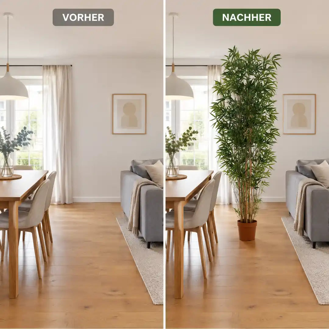 Vorher und nachher: künstlicher Bambus 210 cm als Raumteiler zwischen Essplatz und Sofa