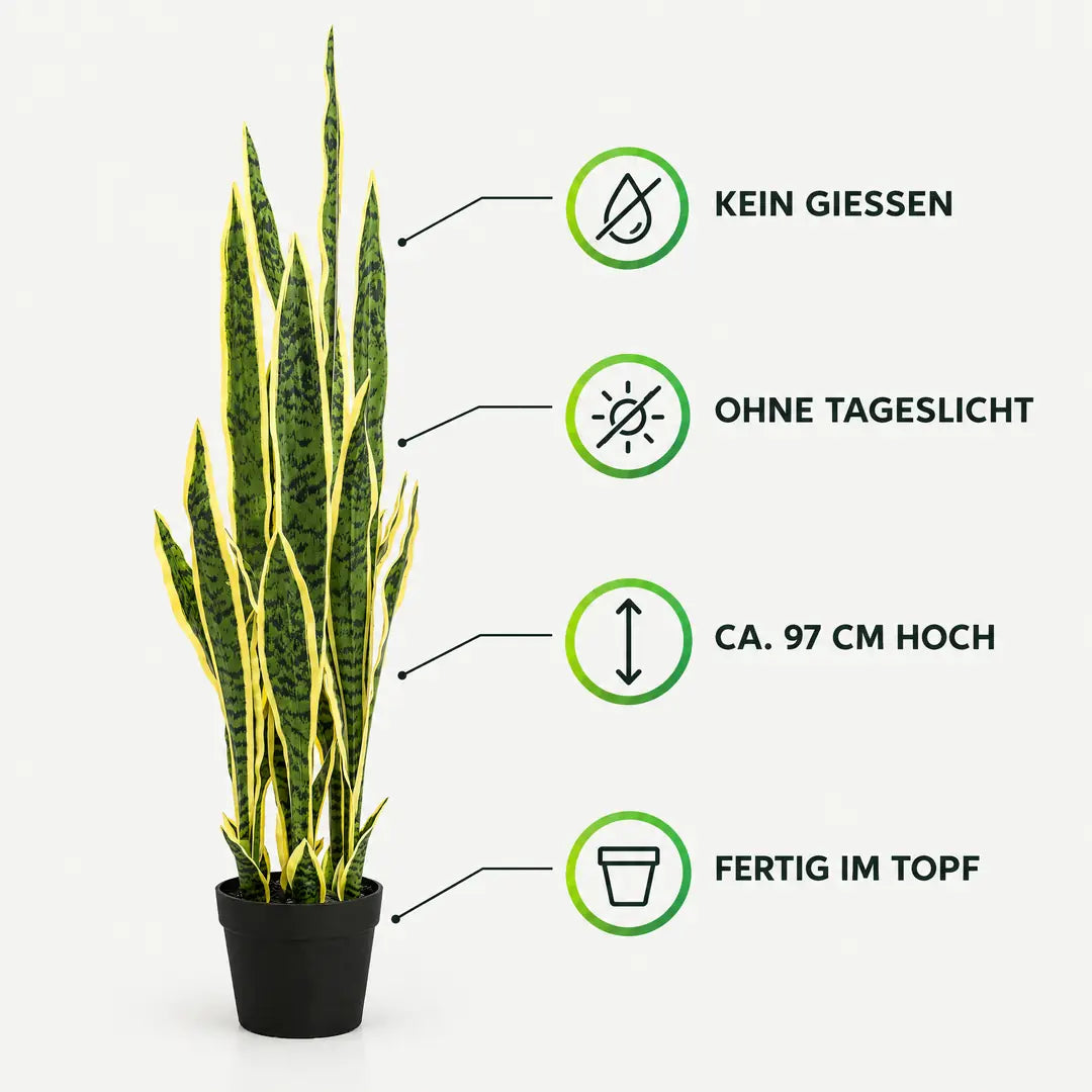 Sansevieria Kunstpflanze Laurentii mit Merkmalen: kein Gießen, ohne Tageslicht, ca. 97 cm hoch, fertig im Topf