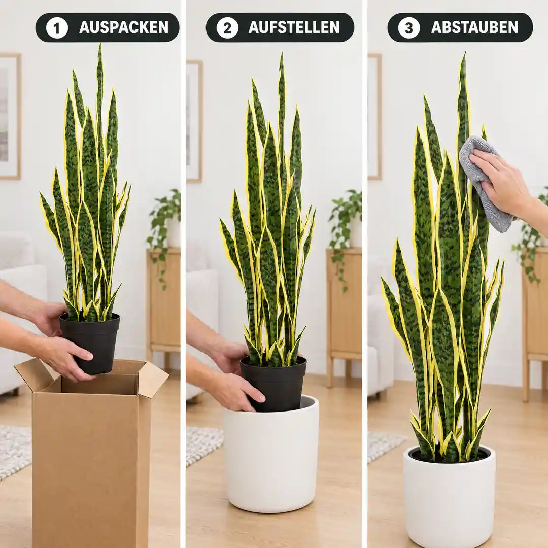 Anwendung in drei Schritten: künstlichen Bogenhanf auspacken, aufstellen und abstauben
