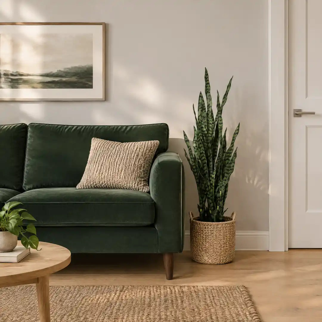 Künstlicher Bogenhanf Black Coral fast einen Meter hoch neben dem Sofa