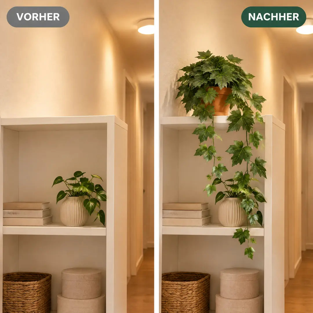 Vorher und nachher: leeres Flurregal und dasselbe Regal mit künstlichem Efeu