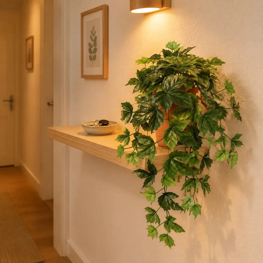 Künstlicher Efeu auf einer Wandkonsole in einem Flur ohne Fenster