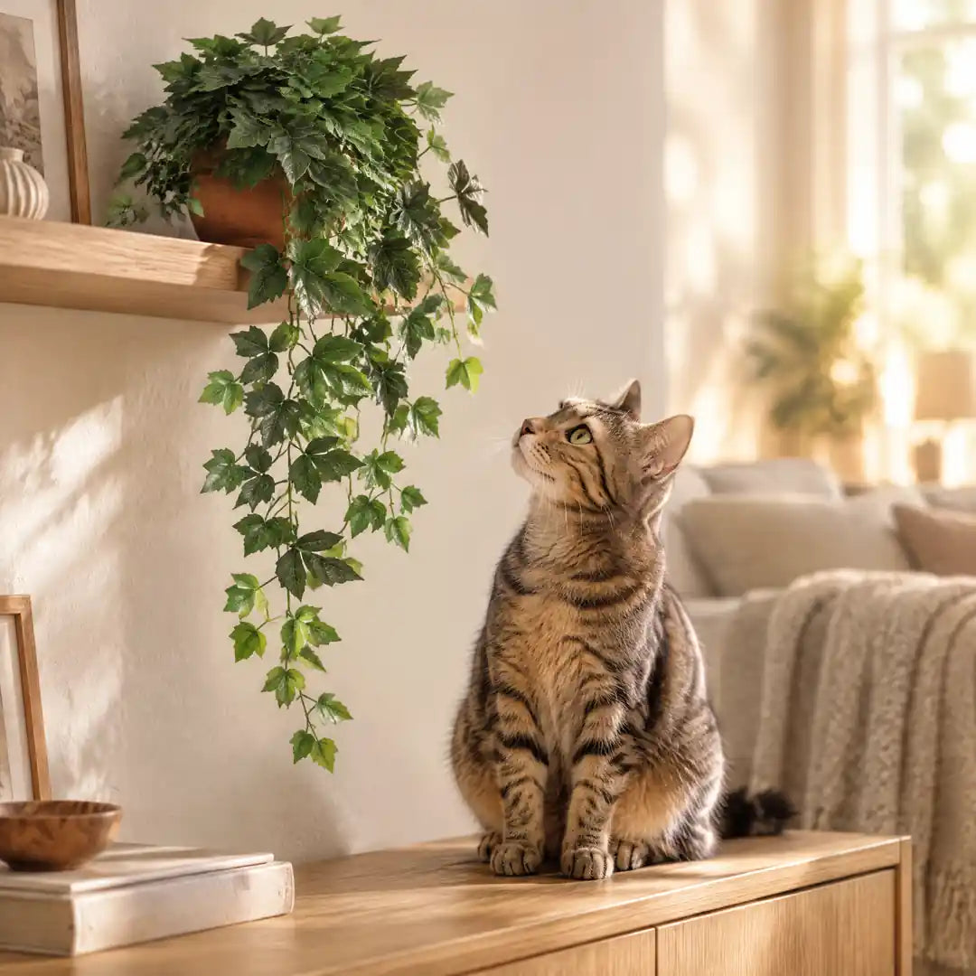 Katze blickt zu den Ranken des künstlichen Efeus auf dem Wandregal