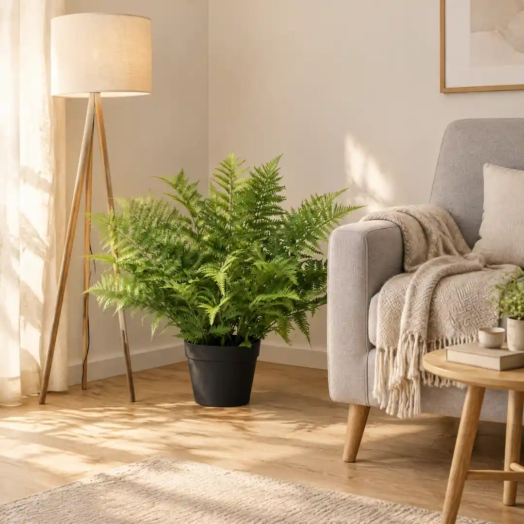 Künstlicher Farn im Topf neben einem Sessel im Wohnzimmer