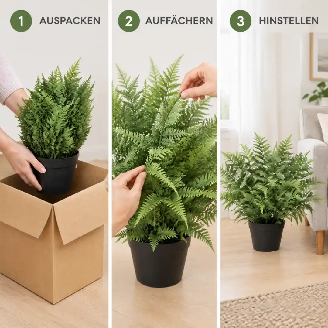 Kunstfarn in 3 Schritten: auspacken, auffächern, hinstellen
