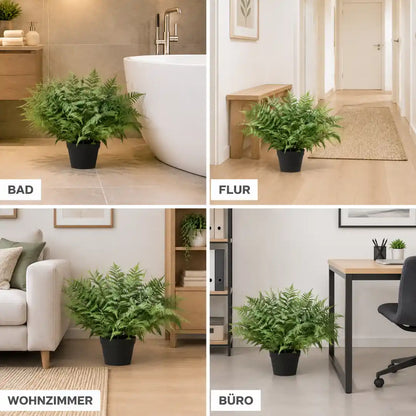Künstlicher Farn im Bad, im Flur, im Wohnzimmer und im Büro