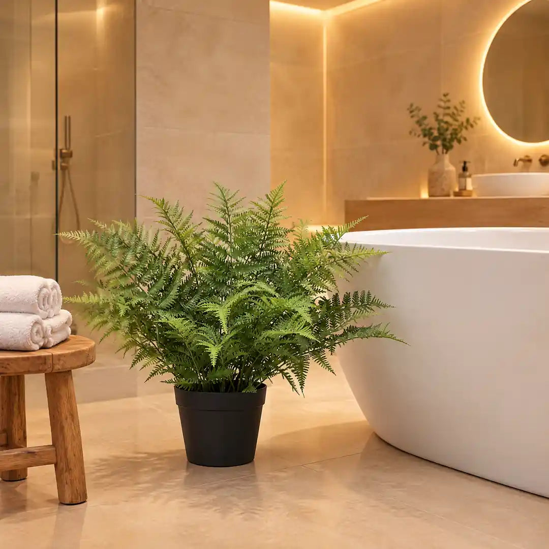 Künstlicher Farn im fensterlosen Badezimmer neben der Badewanne
