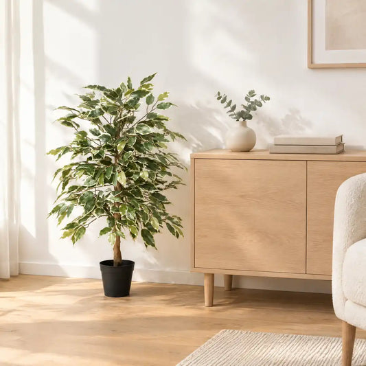 Künstliche Birkenfeige neben einem hellen Sideboard im Wohnzimmer