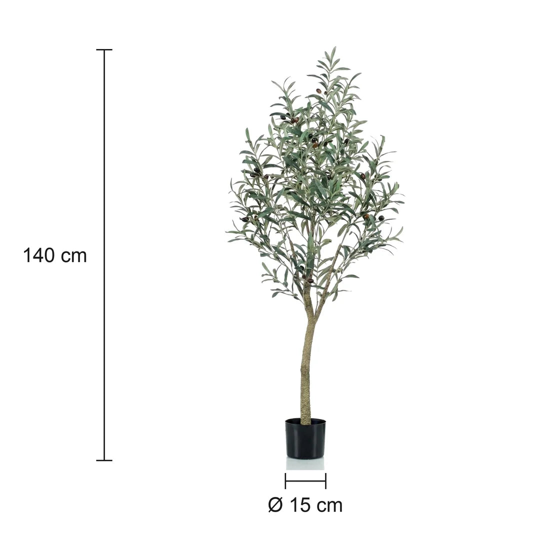 Größenangabe des künstlichen Olivenbaums: 140 cm Höhe, Topf 15 cm Durchmesser