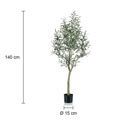 Größenangabe des künstlichen Olivenbaums: 140 cm Höhe, Topf 15 cm Durchmesser