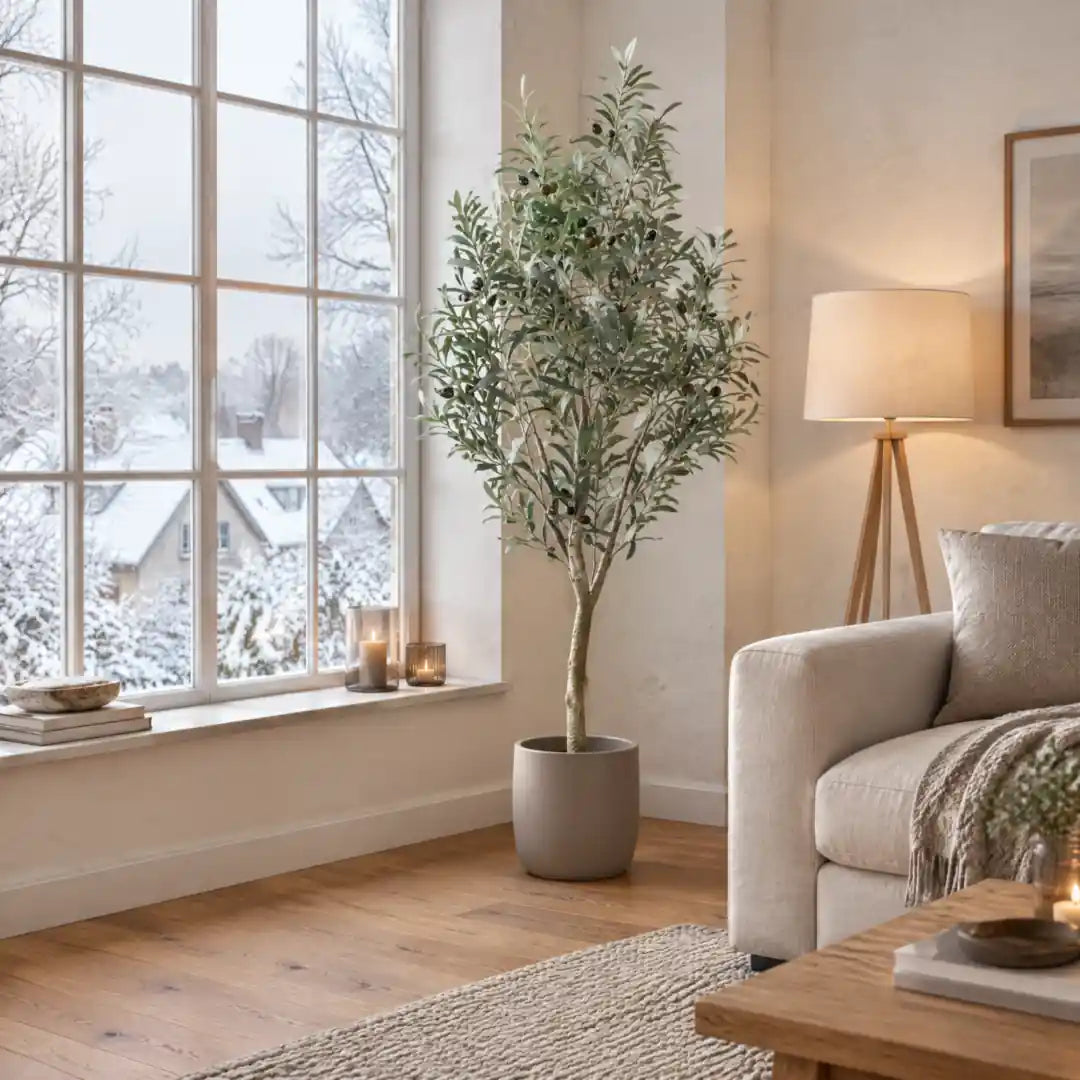 Künstlicher Olivenbaum voll belaubt im Wohnzimmer vor einem verschneiten Fenster