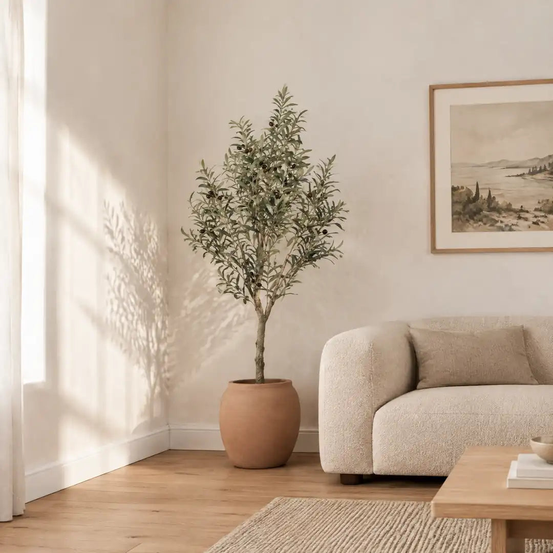 Künstlicher Olivenbaum füllt die Zimmerecke neben einem Sofa aus Bouclé