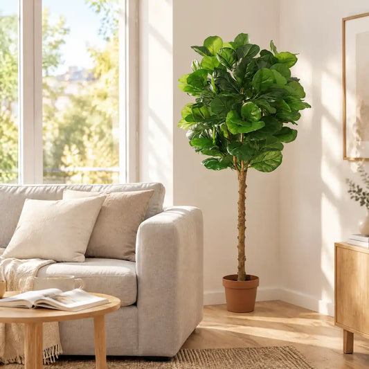 Künstliche Geigenfeige neben einem Sofa im hellen Wohnzimmer