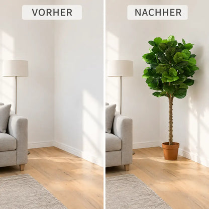 Wohnzimmerecke vorher leer und nachher mit künstlicher Geigenfeige