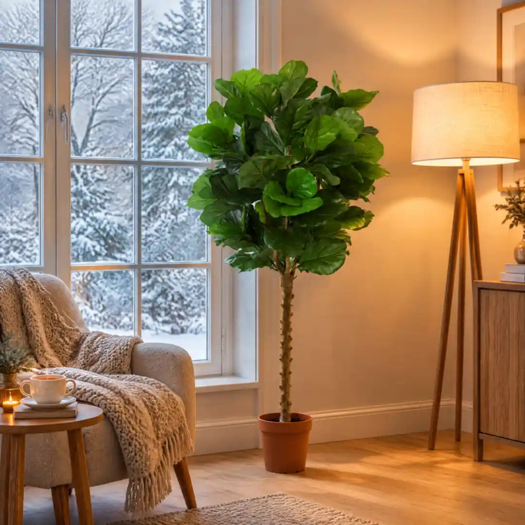 Künstliche Geigenfeige mit voller grüner Krone am Fenster im Winter
