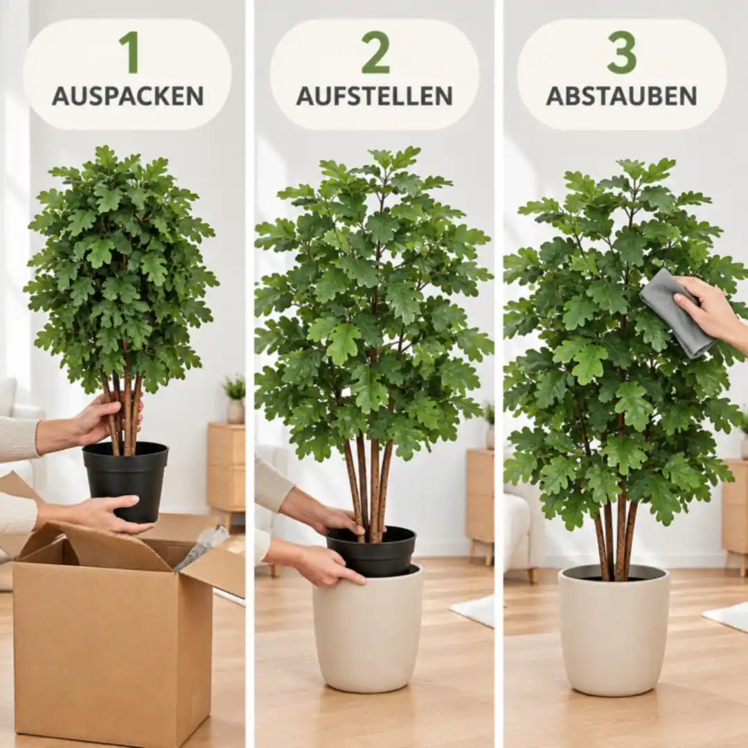 Künstliche Eiche in drei Schritten: auspacken, aufstellen, abstauben
