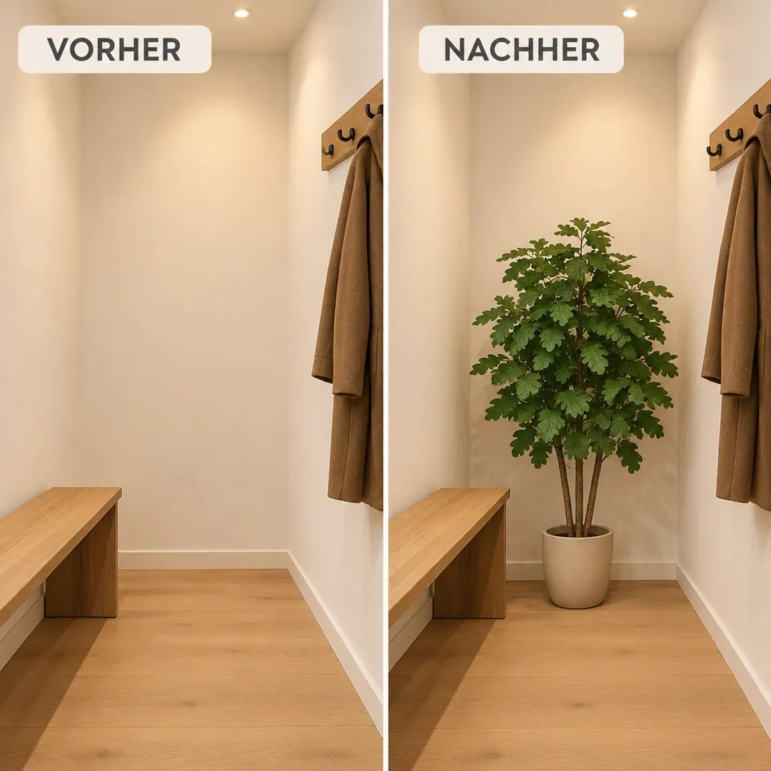 Vorher und nachher: leere Flurecke und Flurecke mit künstlicher Eiche