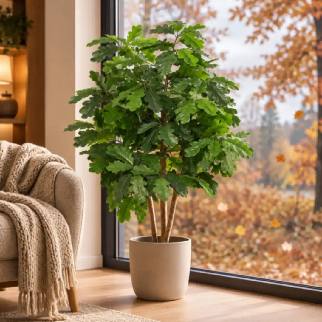 Künstliche Eiche bleibt grün, während draußen Herbstlaub fällt