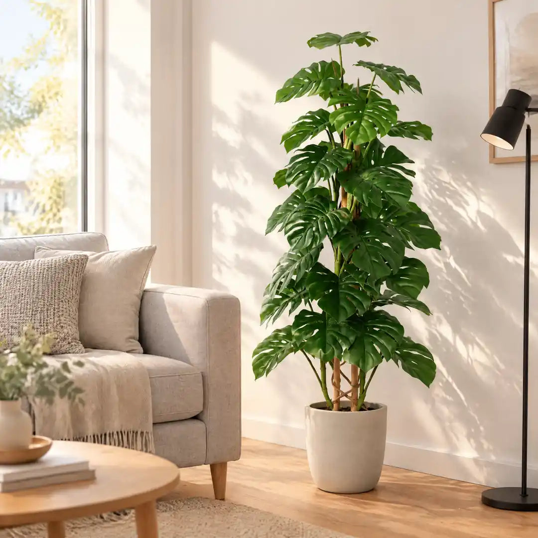 Künstliche Monstera im beigen Übertopf in der hellen Wohnzimmerecke neben dem Sofa