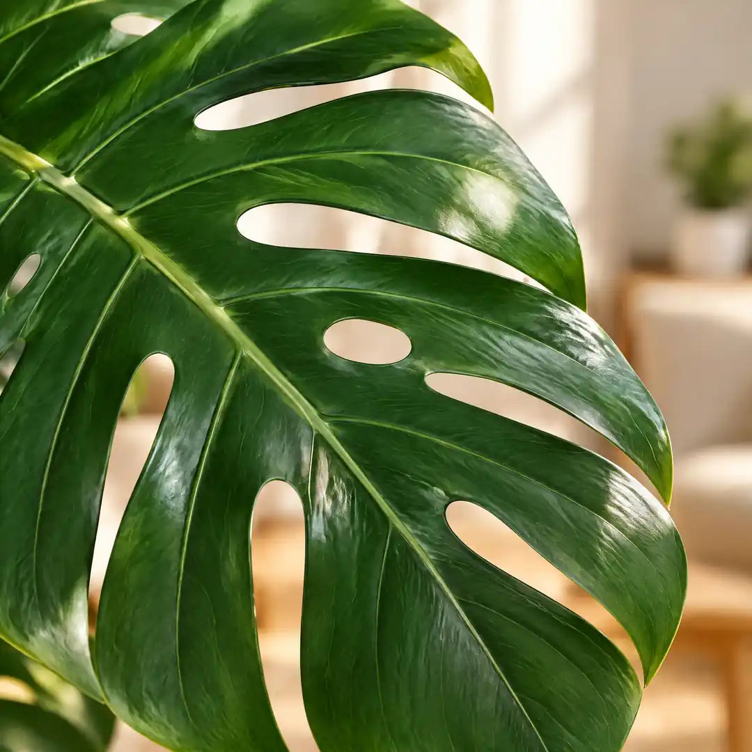 Nahaufnahme eines geschlitzten und gelochten künstlichen Monstera-Blatts
