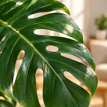 Nahaufnahme eines geschlitzten und gelochten künstlichen Monstera-Blatts
