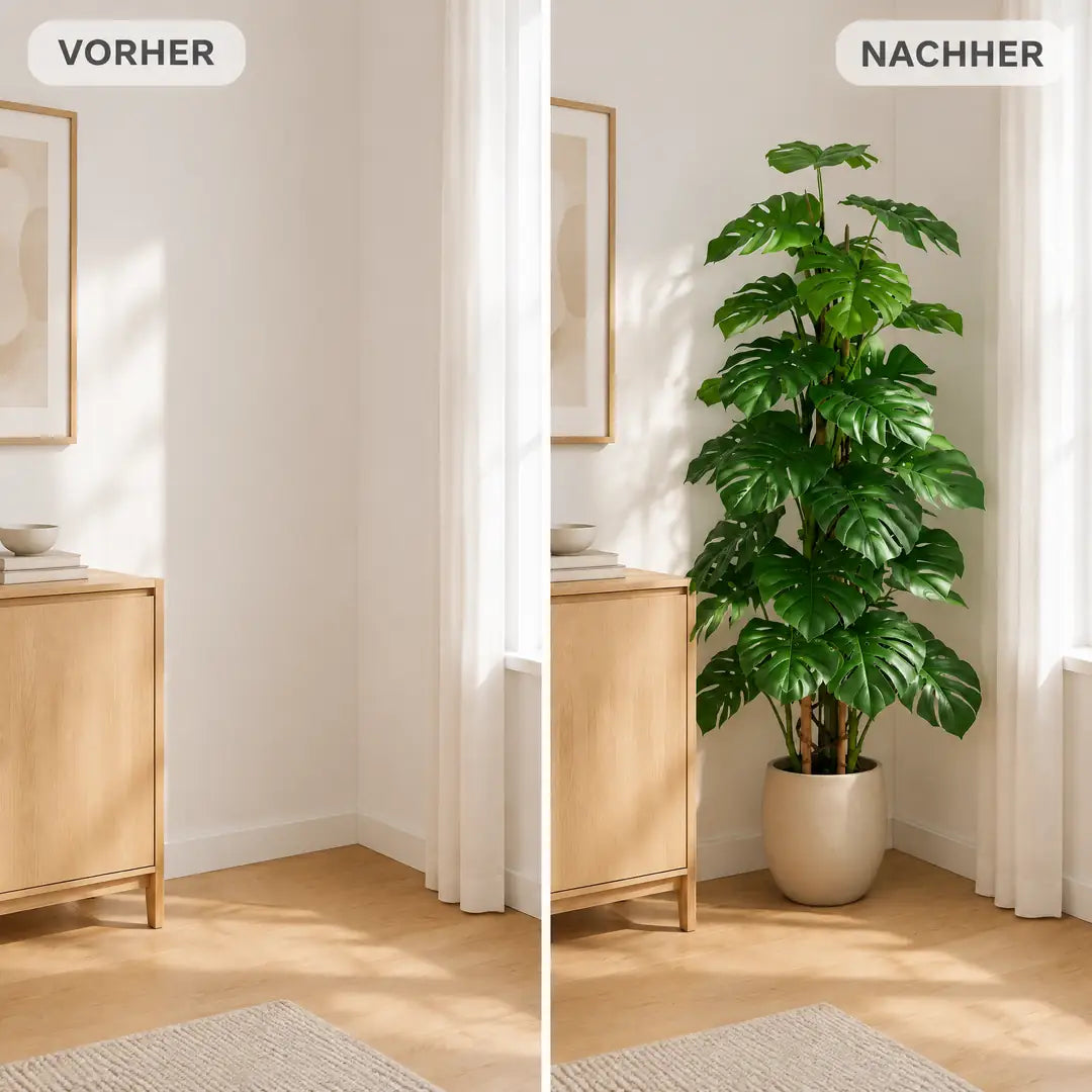 Leere Wohnzimmerecke vorher und mit der künstlichen Monstera nachher