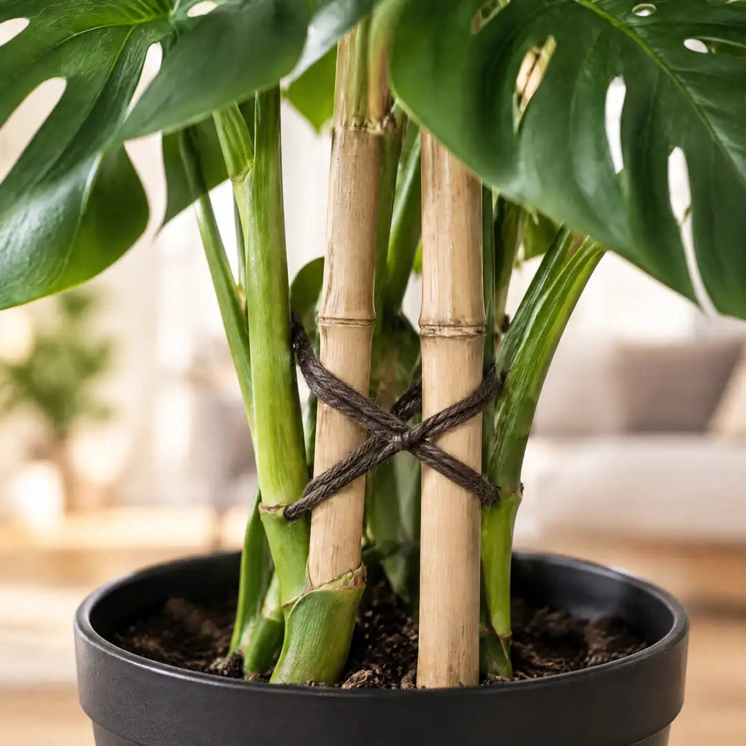Detailaufnahme der Stützstäbe mit Schnurbindung am Topf der künstlichen Monstera