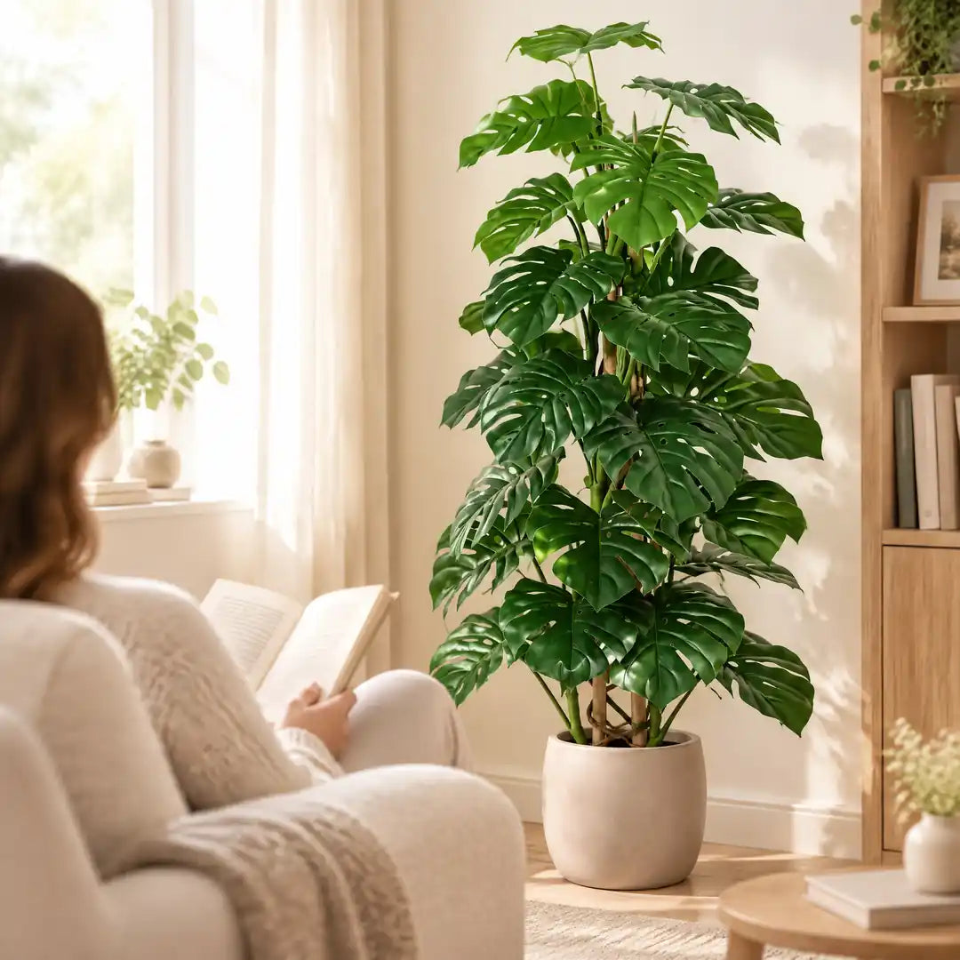 Frau liest im Sessel neben der sattgrünen künstlichen Monstera