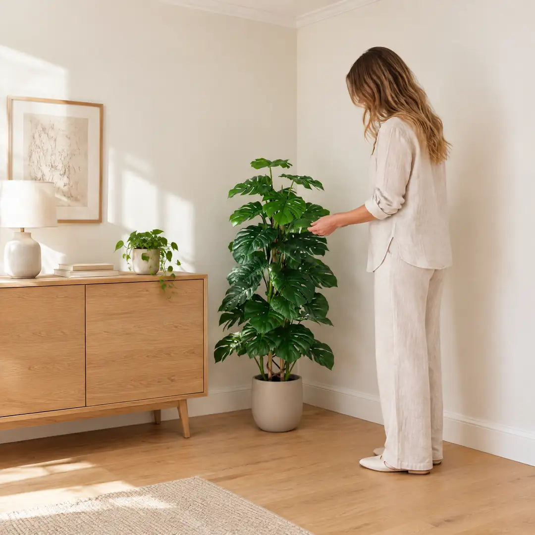 Künstliche Monstera, 125 cm, in der Wohnzimmerecke neben einem Sideboard und einer Frau als Größenvergleich