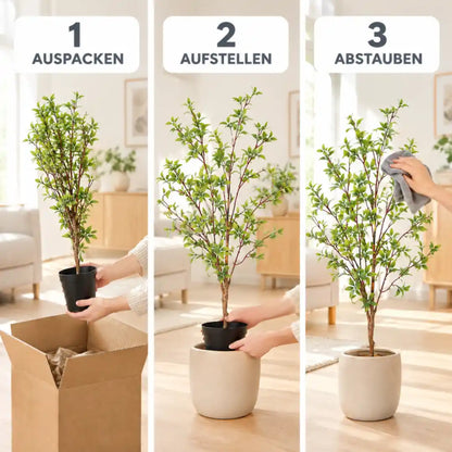 Künstliche Myrte in drei Schritten: auspacken, aufstellen, abstauben