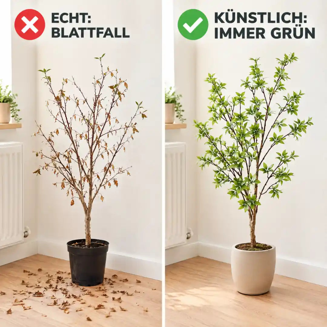 Vergleich: echte Myrte mit Blattfall neben der Heizung und künstliche Myrte immer grün