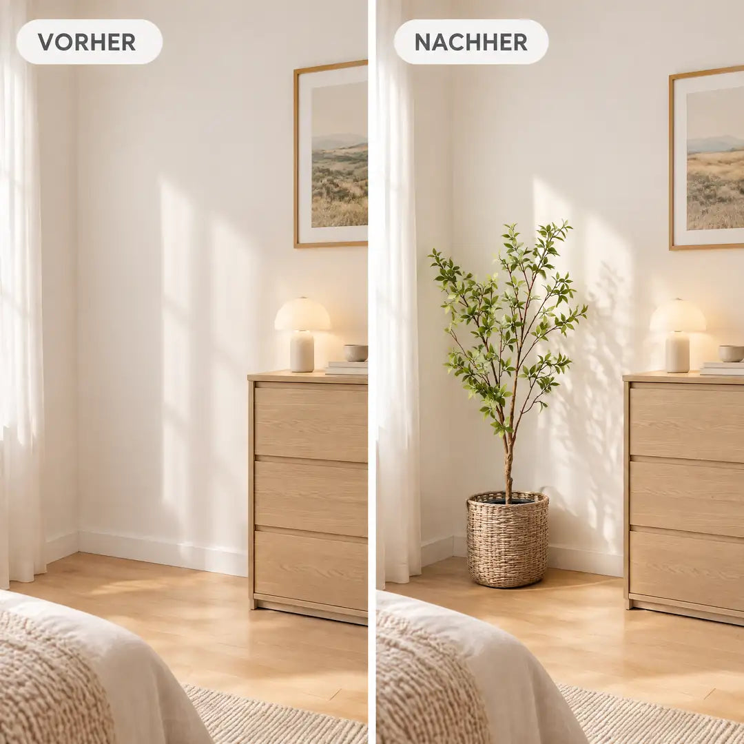 Vorher und nachher: leere Schlafzimmerecke und Ecke mit künstlicher Myrte im Rattankorb