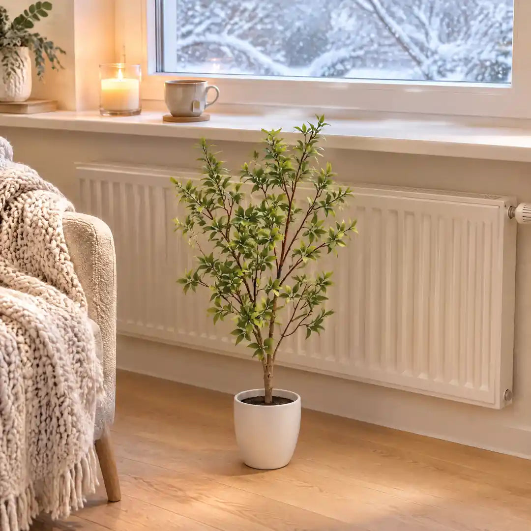 Künstliche Myrte voll belaubt neben der Heizung im Winter