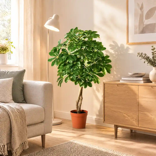 Künstliche Schefflera in der Wohnzimmerecke neben Sofa, Leseleuchte und Sideboard
