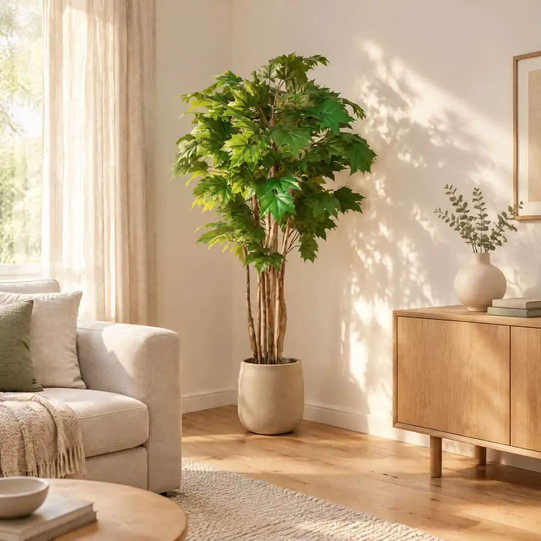 Künstlicher Ahornbaum in der Wohnzimmerecke zwischen Sofa und Sideboard im Abendlicht