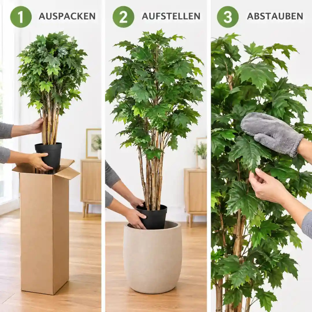 Künstlicher Ahornbaum in drei Schritten: auspacken, aufstellen, abstauben