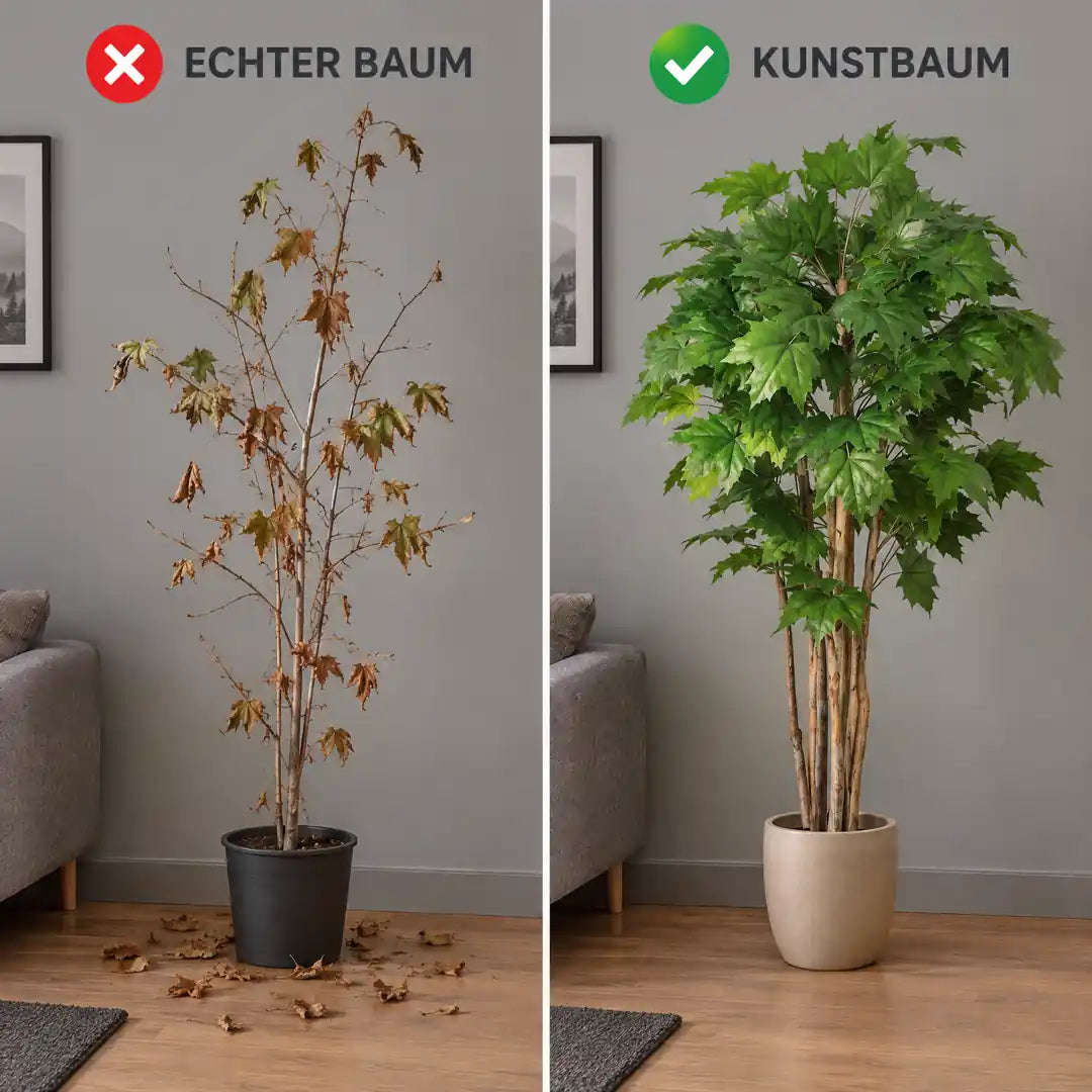 Vergleich: echter Ahorn im Kübel mit vertrocknetem Laub neben dem dauerhaft grünen Kunstbaum