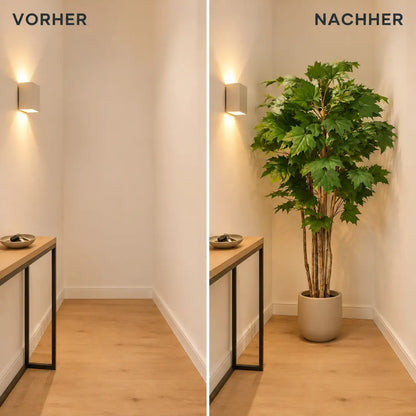 Vorher und nachher: fensterlose Flurecke, erst leer, dann mit künstlichem Ahornbaum