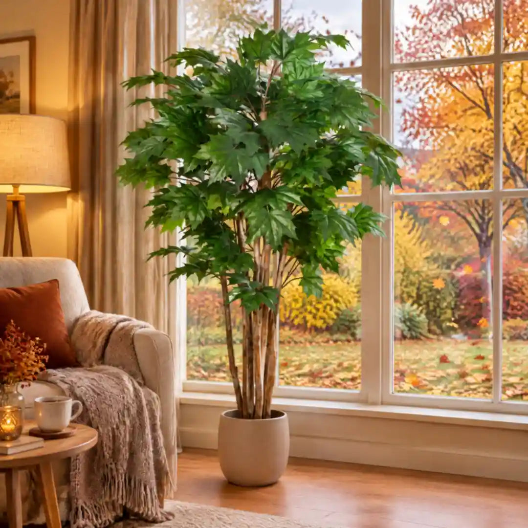 Grüner künstlicher Ahornbaum vor dem Fenster, draußen färbt sich das Herbstlaub