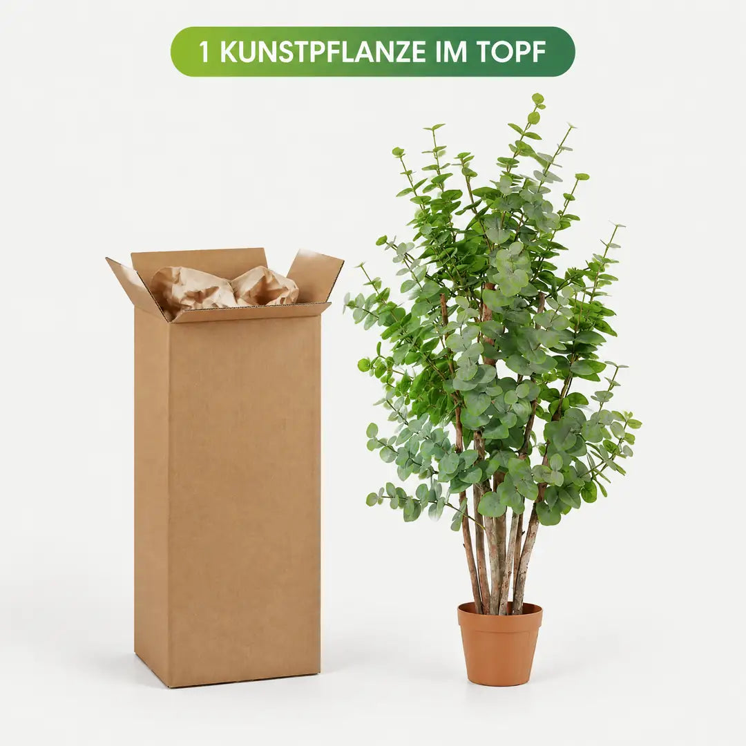 Lieferumfang: 1 künstlicher Eukalyptus im Topf mit Versandkarton