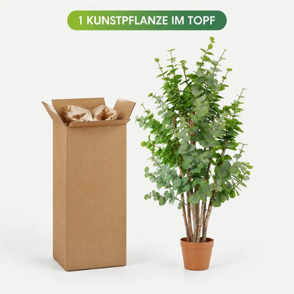 Lieferumfang: 1 künstlicher Eukalyptus im Topf mit Versandkarton