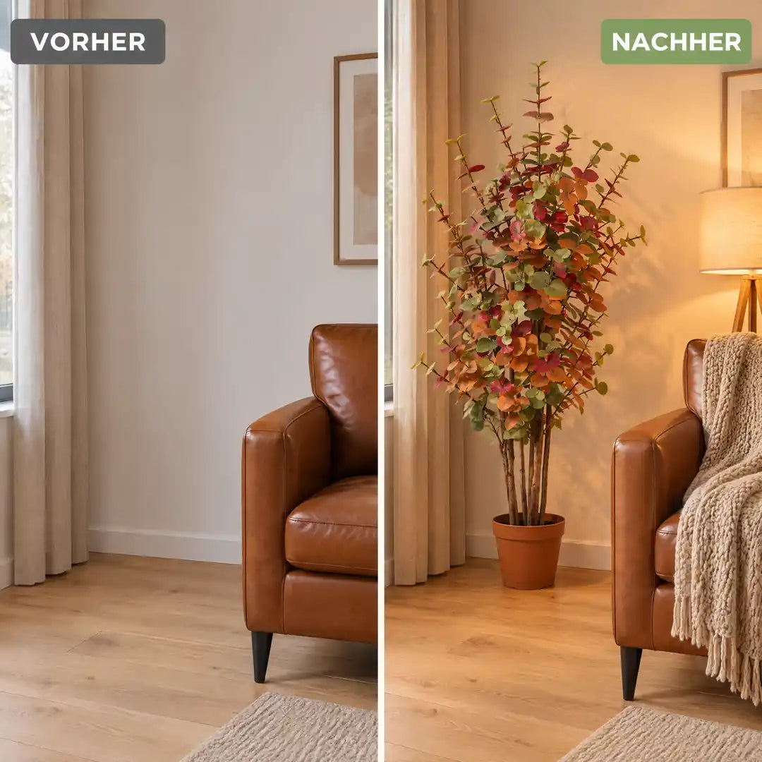 Vorher und nachher: leere Zimmerecke und dieselbe Ecke mit buntem künstlichem Eukalyptus