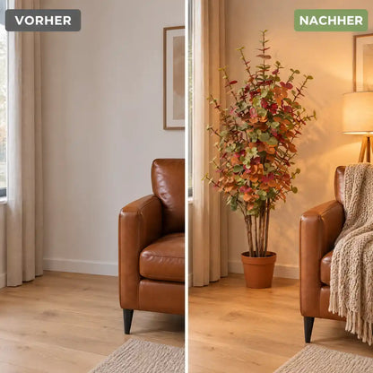 Vorher und nachher: leere Zimmerecke und dieselbe Ecke mit buntem künstlichem Eukalyptus